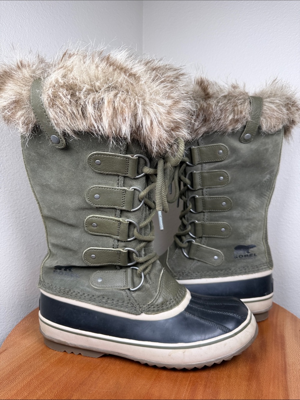 SOREL Joan Of Arctic Tall Winter Boot Suede Olive & Black Faux Fur Size 9.5